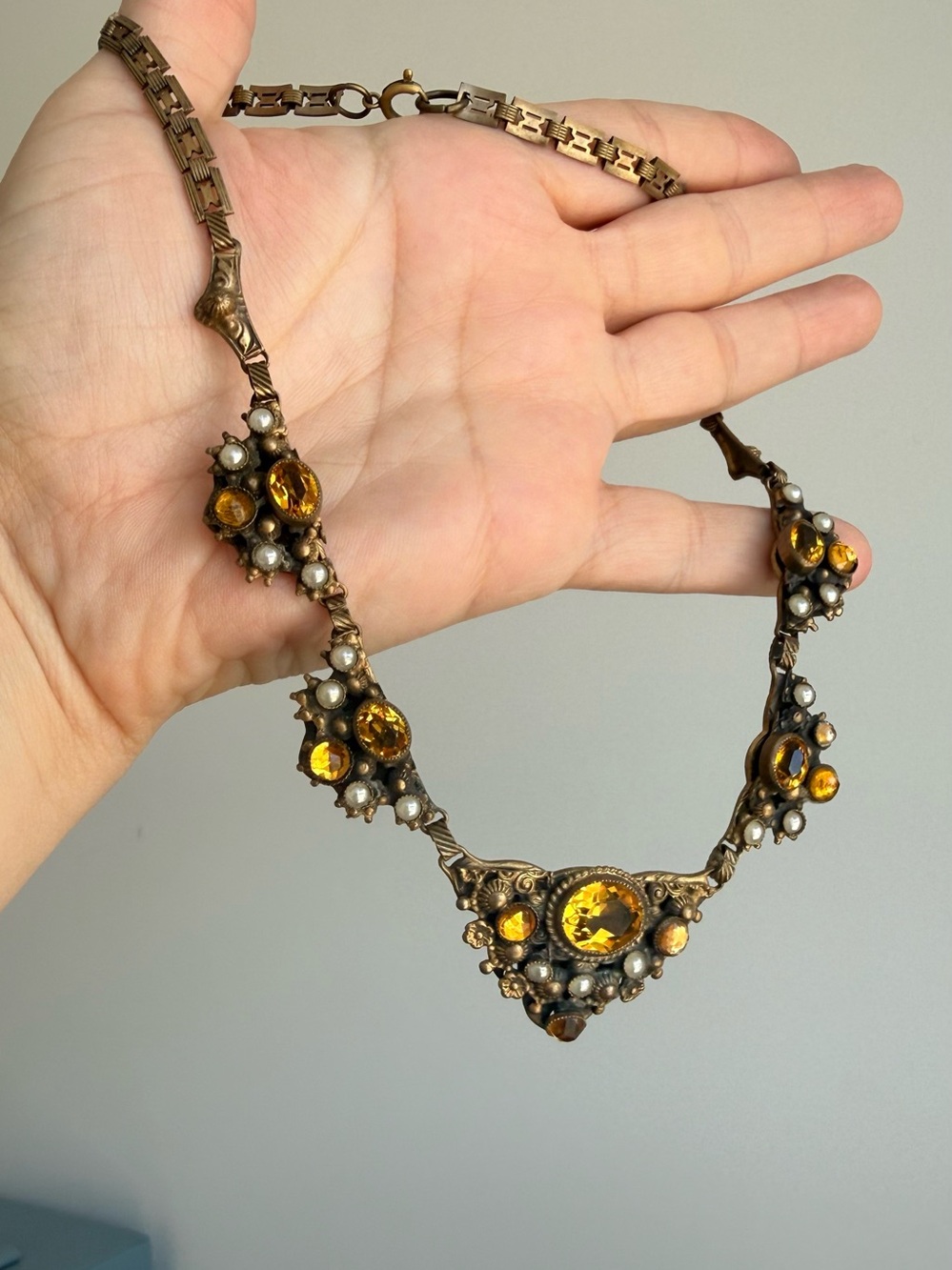 Antique Art Deco Topaz Amber Paste Ornate Filagree Necklace